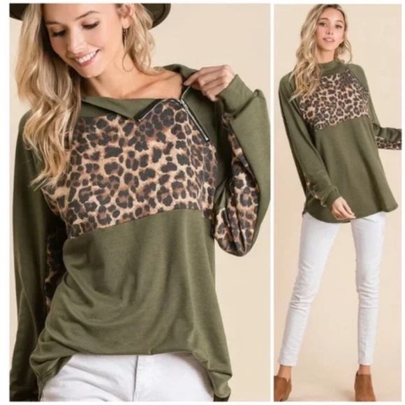 Olive Leopard Raglan Zipper Pullover Top - Picture 4 of 11